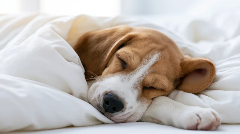 Young beagle puppy sleeping peacefully under white blanket on bed
