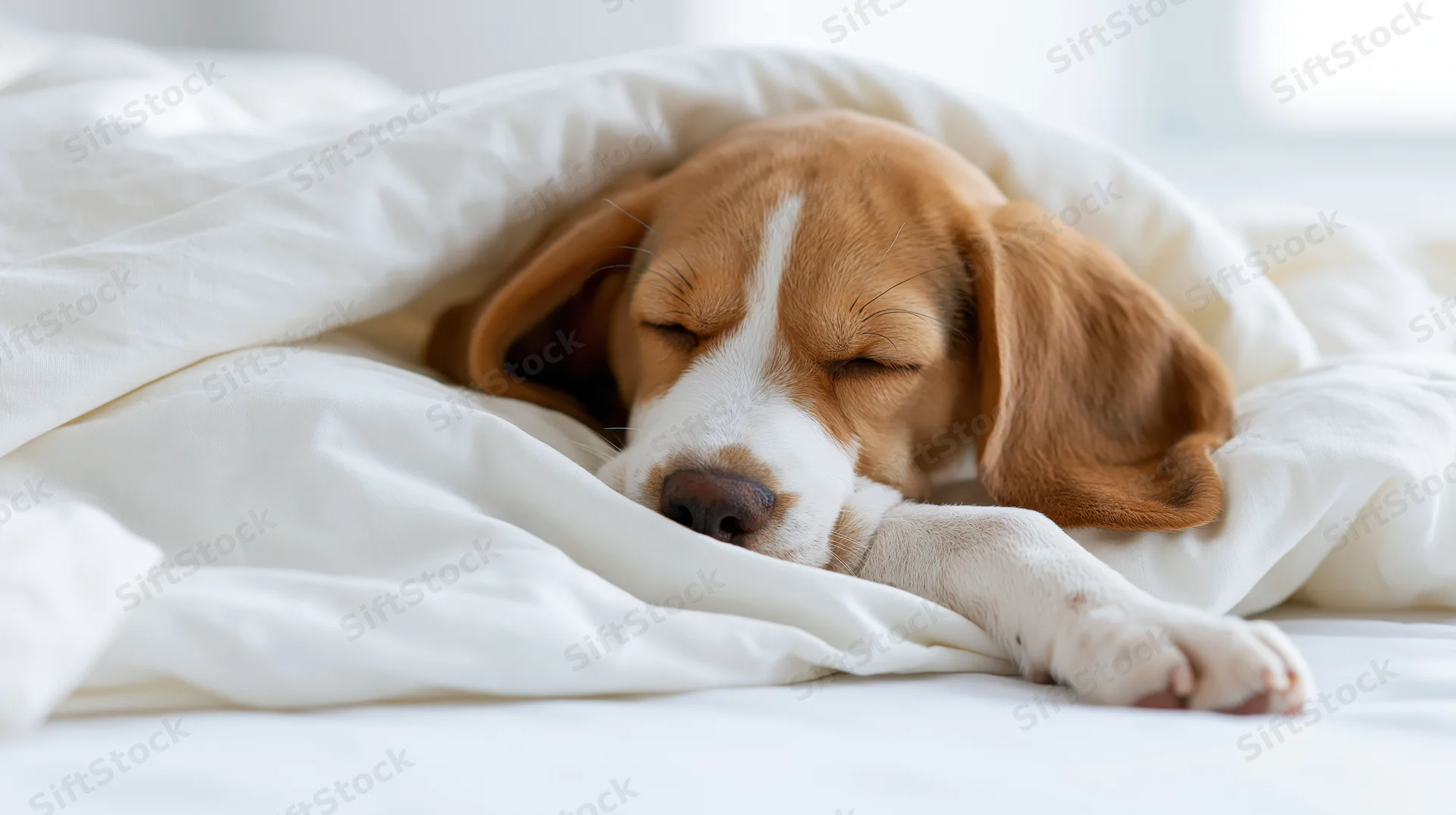 Young beagle puppy sleeping peacefully under white blanket on bed