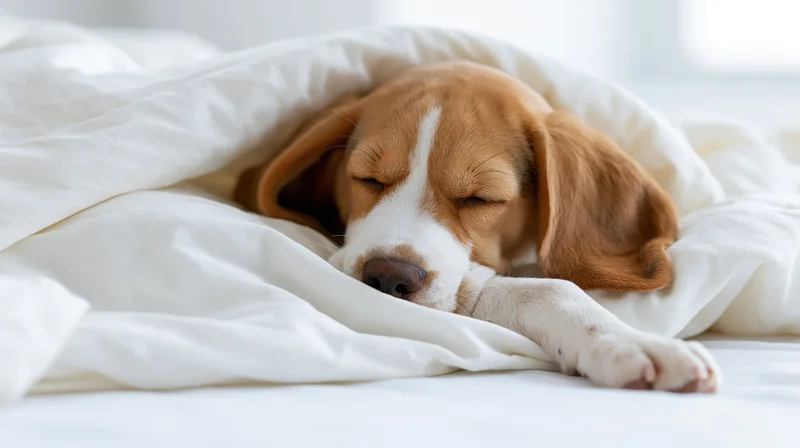 Young beagle puppy sleeping peacefully under white blanket on bed