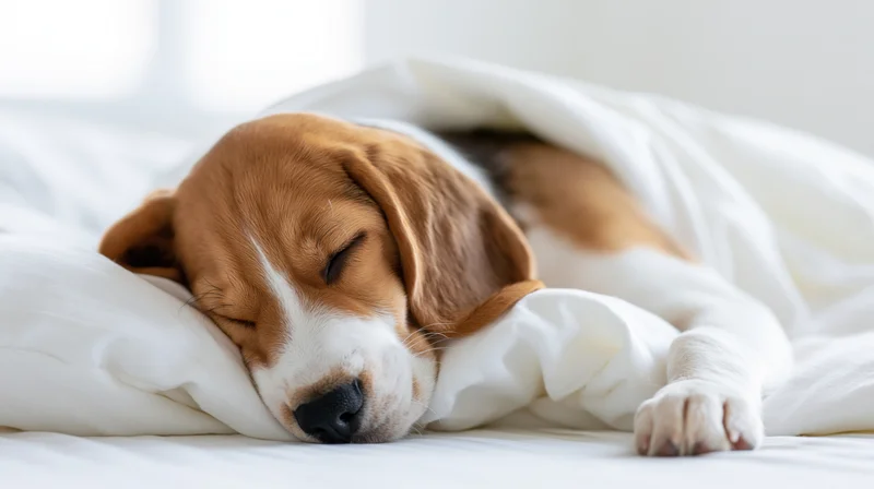Young beagle puppy sleeping peacefully on a white bed tucked under a soft blanket
