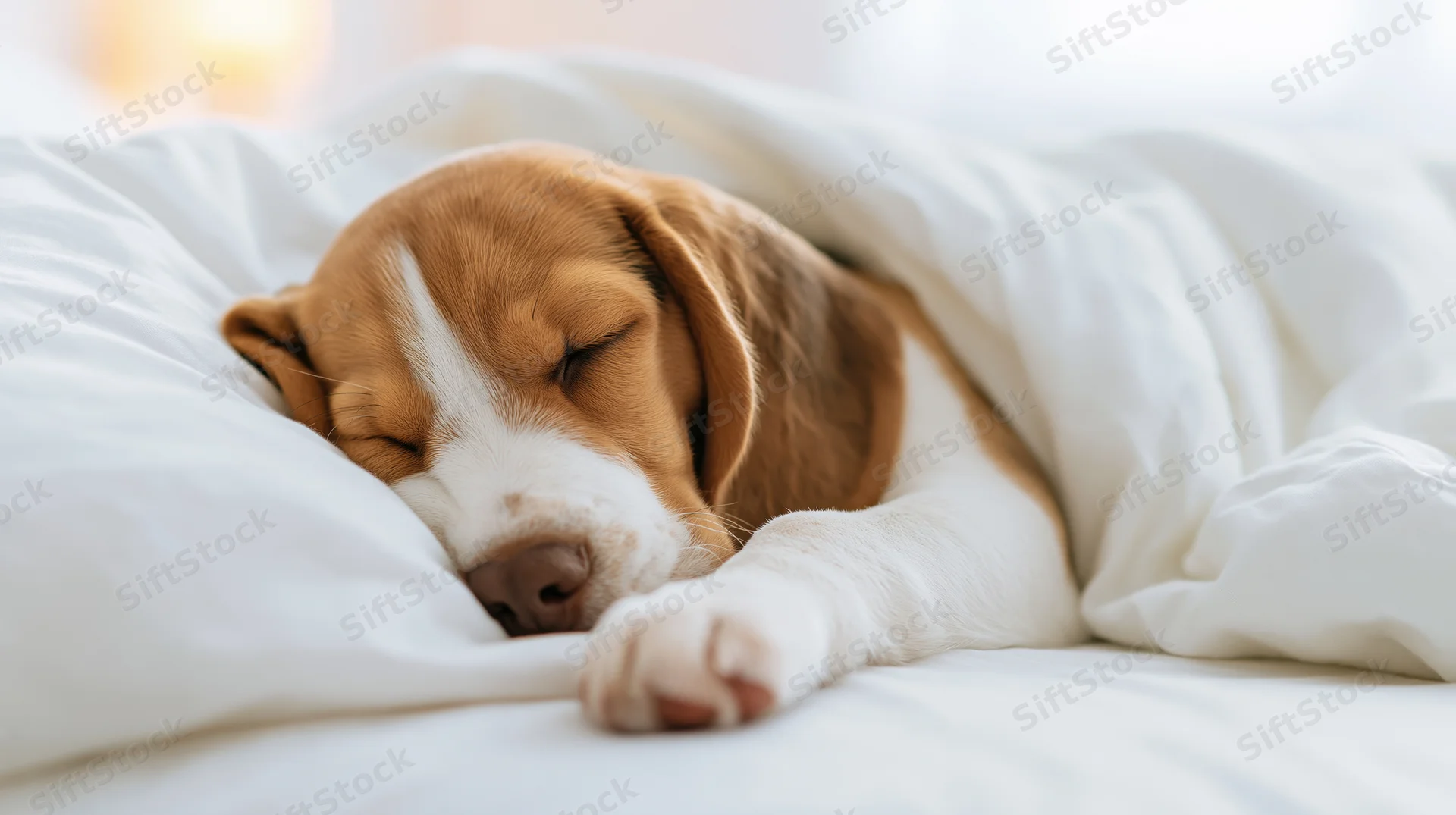 Young beagle puppy sleeping peacefully on a white bed tucked under soft blankets