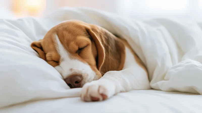 Young beagle puppy sleeping peacefully on a white bed tucked under soft blankets