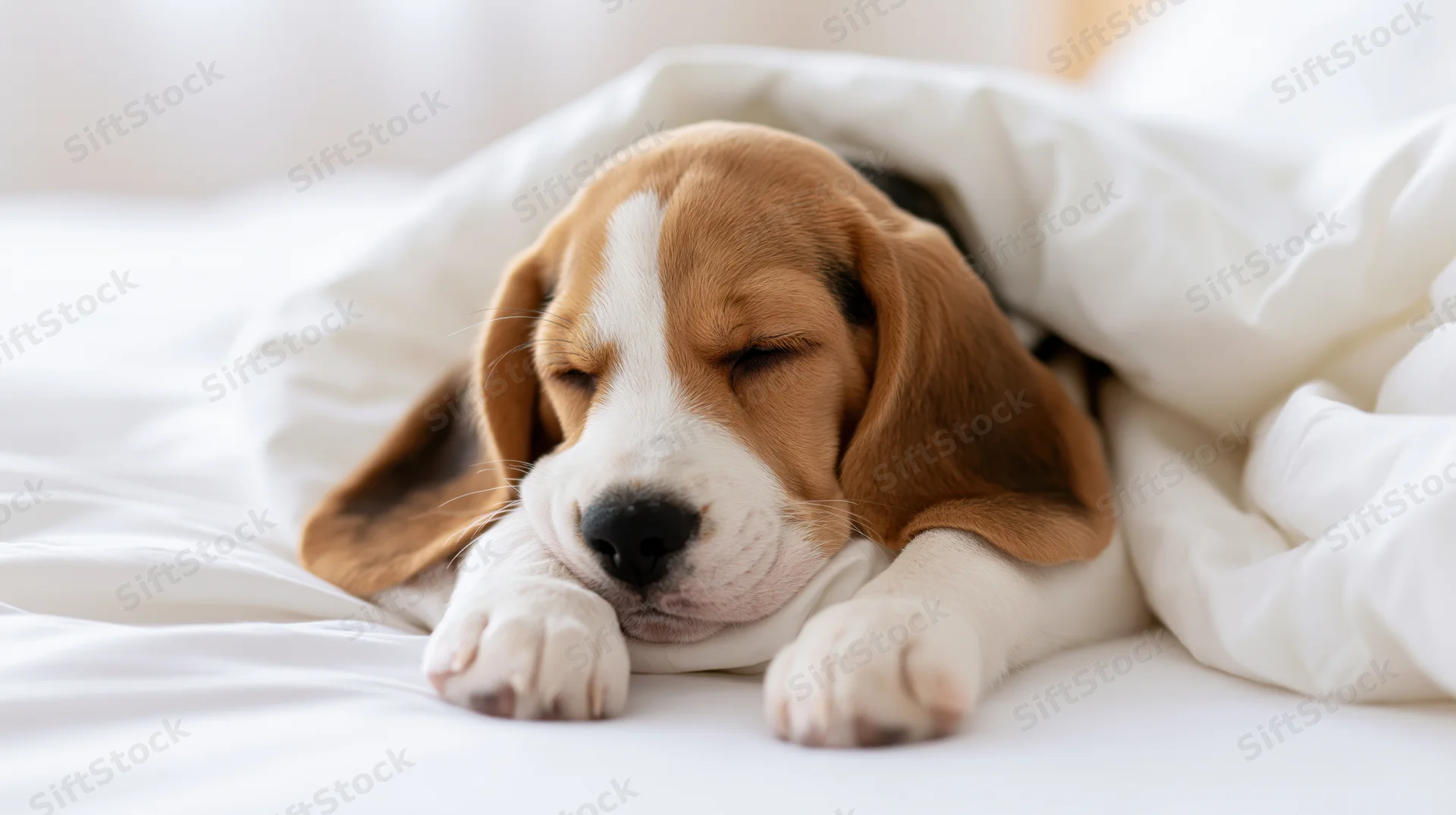 Young beagle puppy sleeping soundly under white blanket on bed