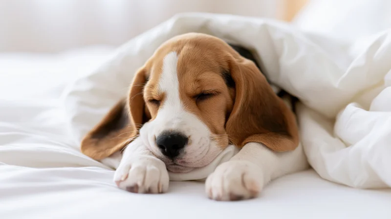 Young beagle puppy sleeping soundly under white blanket on bed