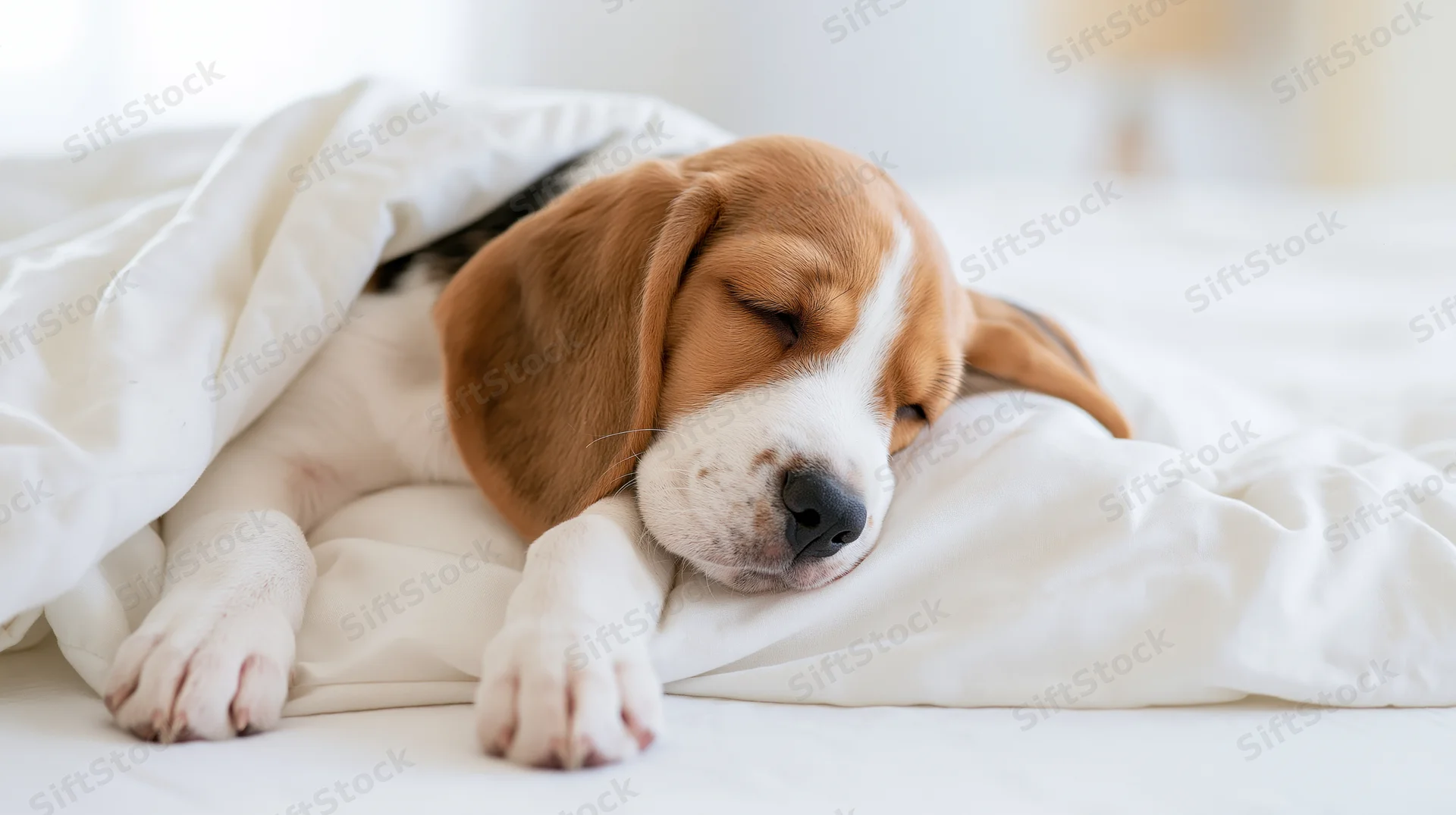 Young beagle puppy sleeping soundly under white blanket on bed