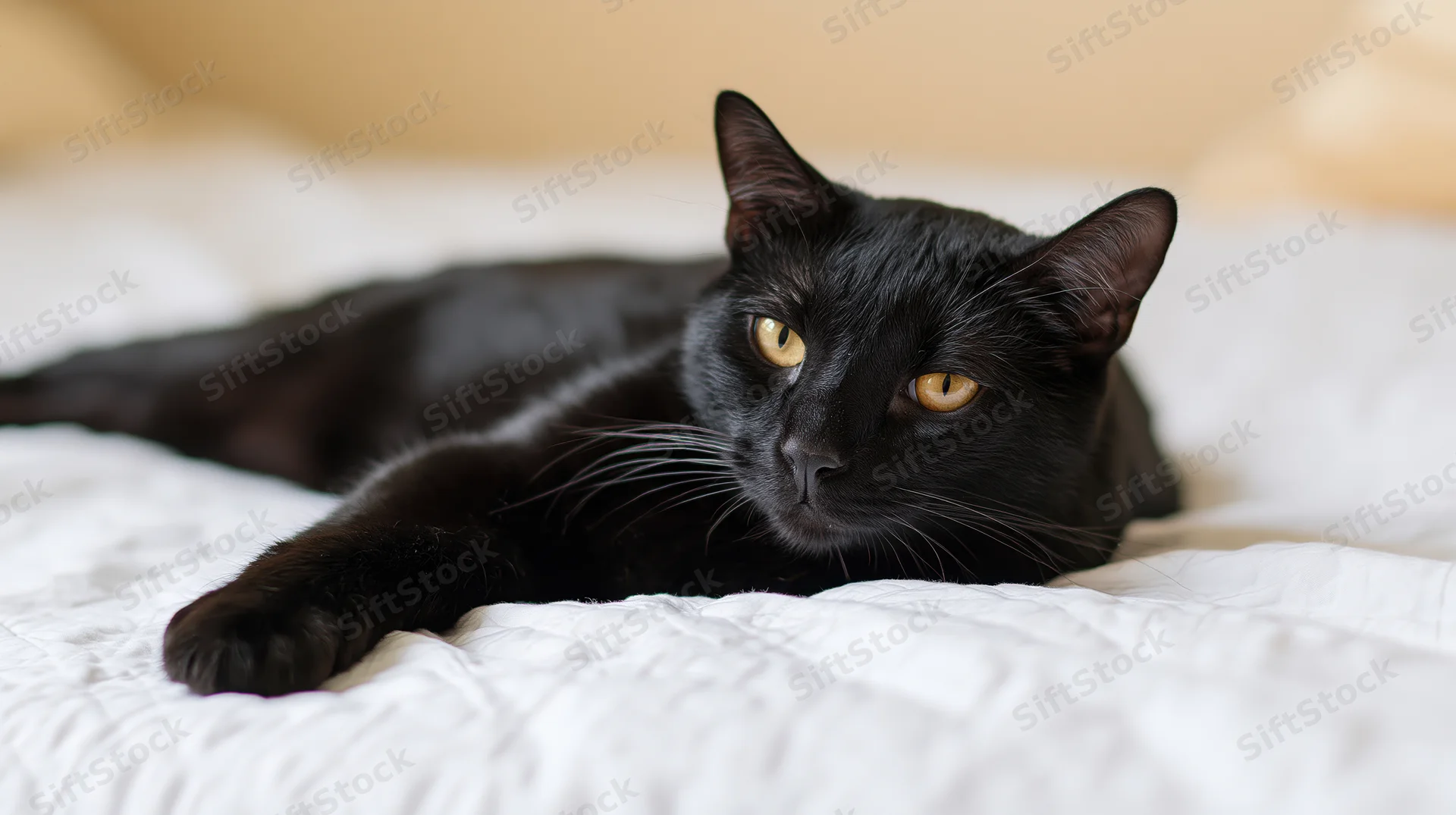 Black cat lying alert on a white textured bedspread in a bedroom