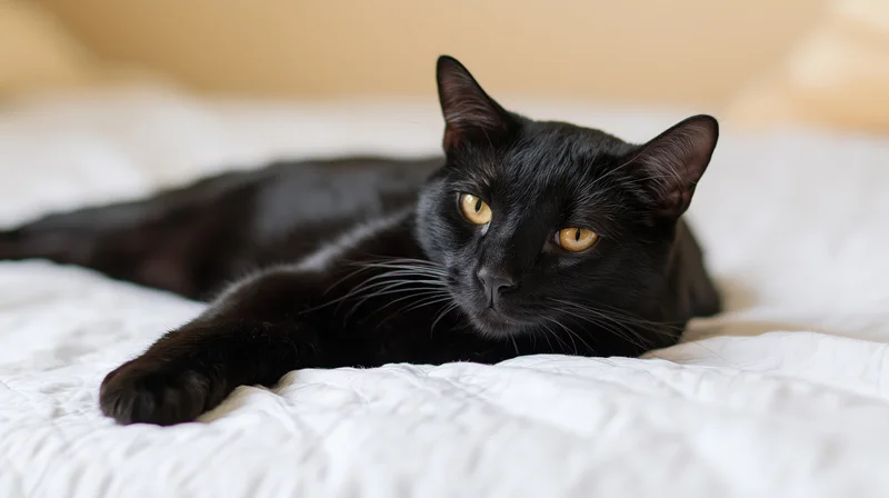 Young black cat lying alert on a bedspread looking at camera