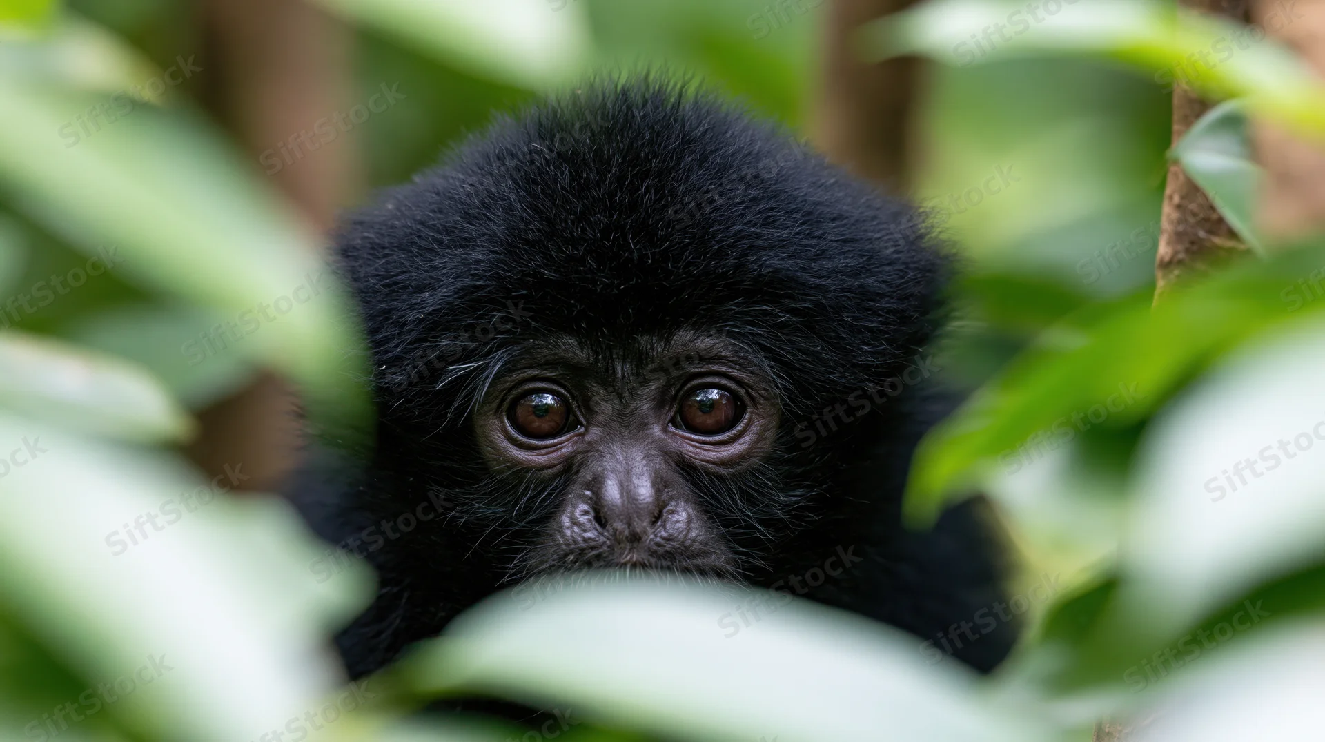 Young black gibbon peeking through dense green foliage in jungle habitat