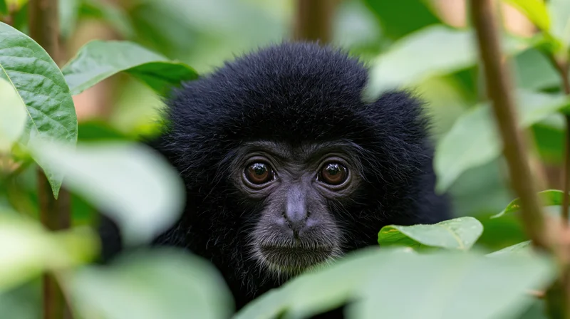 Young black gibbon peeking through dense green foliage in jungle habitat