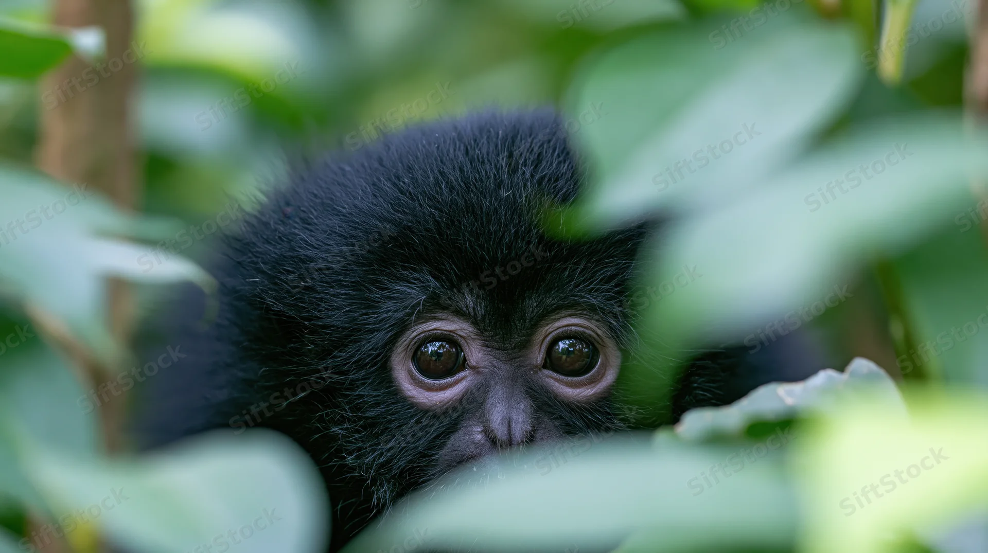 Young black gibbon peeking through dense green foliage in jungle habitat