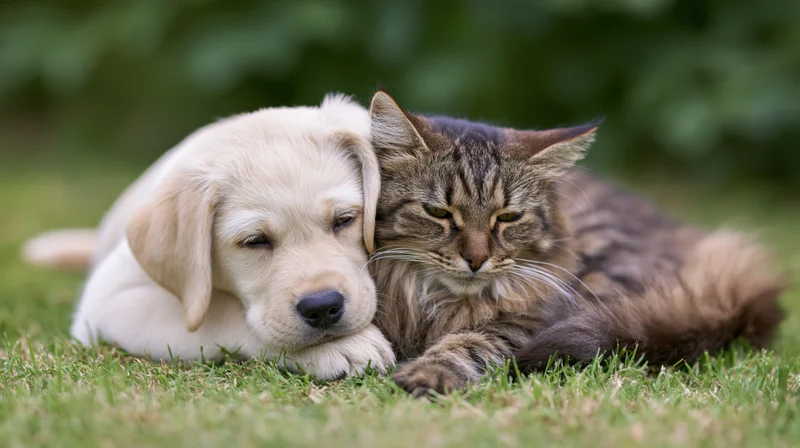 Young cream labrador puppy resting its chin on a fluffy tabby cat lying together on grass