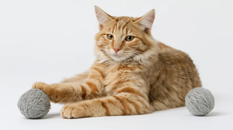 Young fluffy tabby cat lying on white background with gray yarn balls near paws