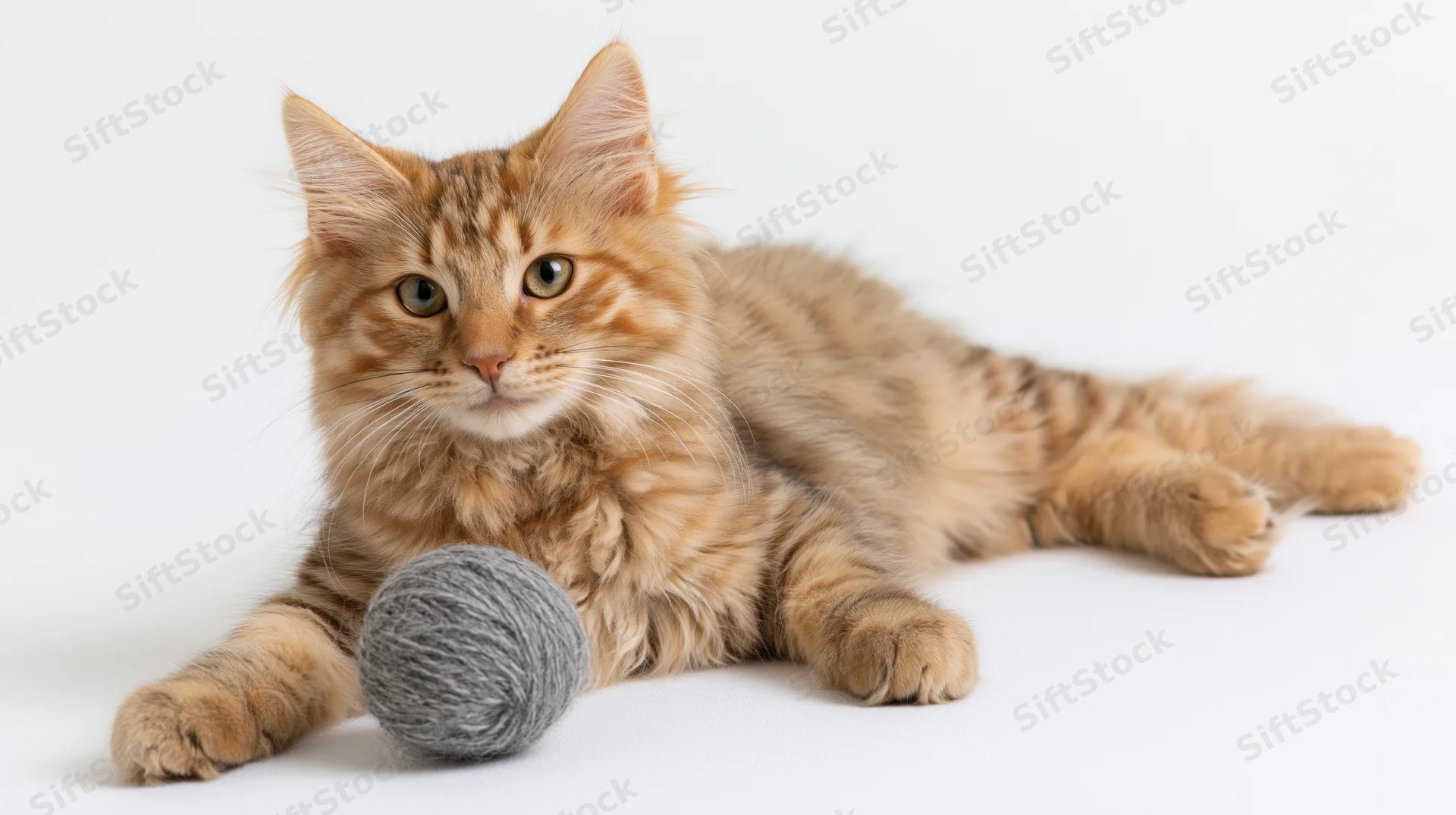 Young fluffy tabby cat lying on white background with gray yarn ball