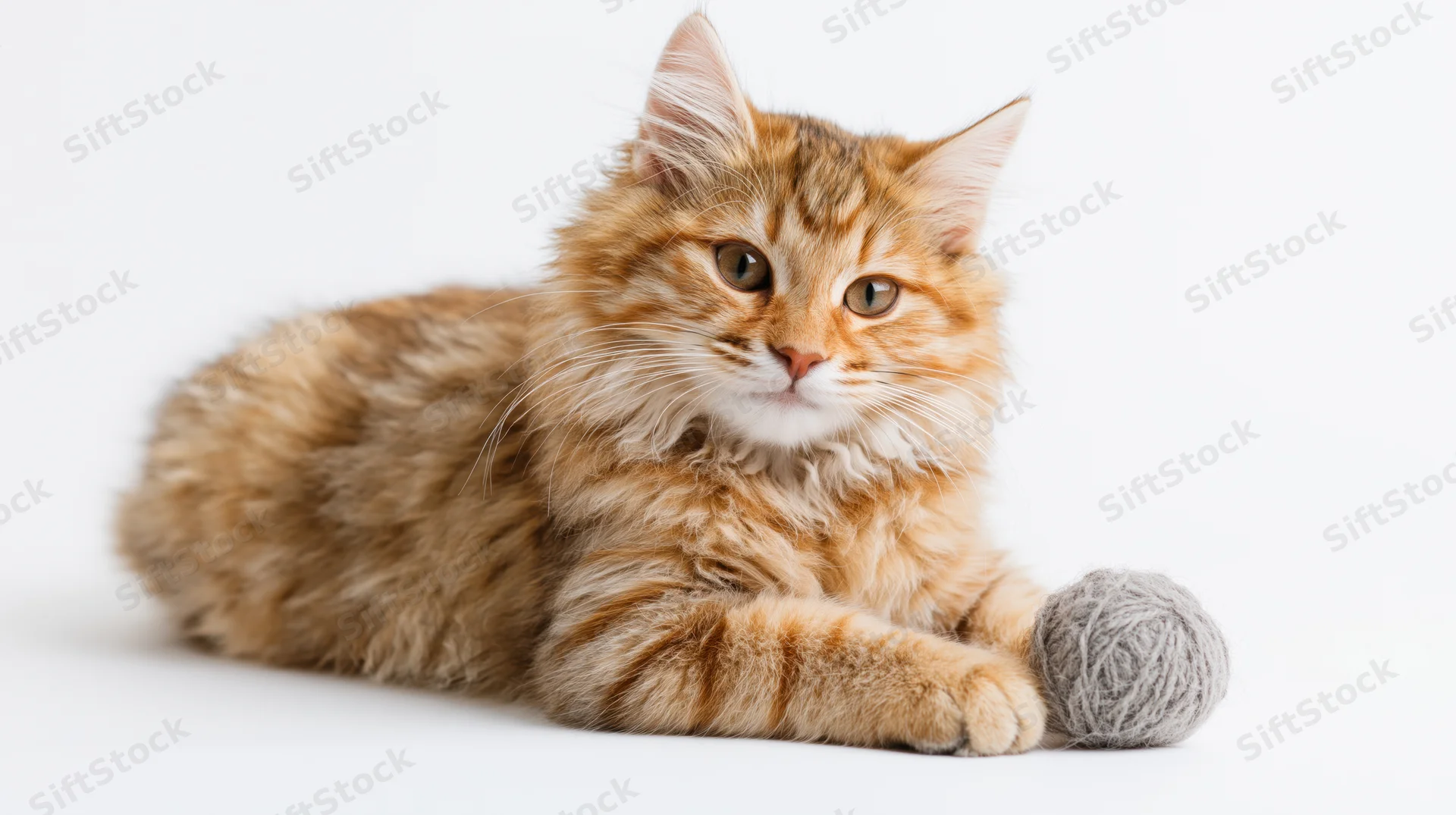 Young fluffy tabby cat lying on white background with gray yarn ball near paw