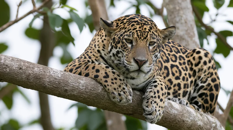 Jaguar resting on a thick diagonal tree branch in a leafy natural habitat