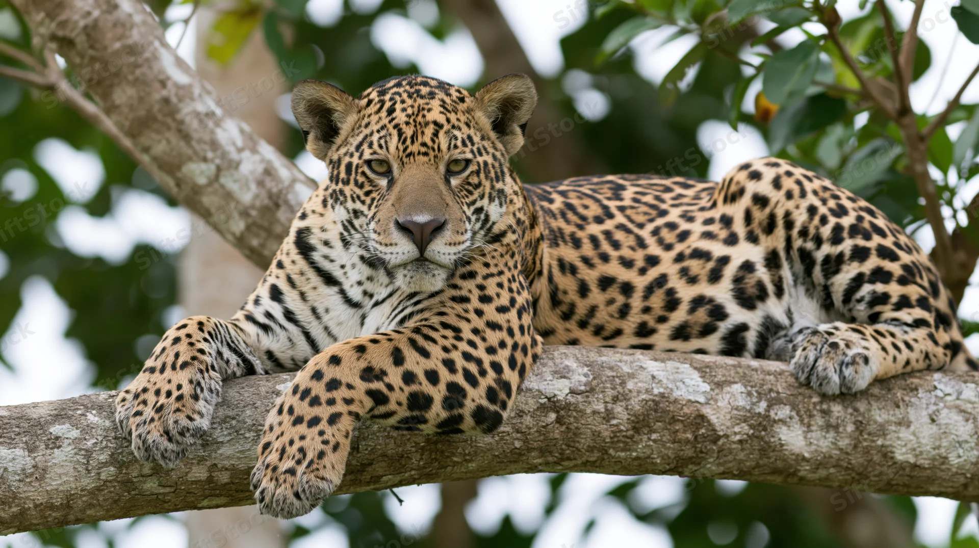 Young jaguar resting on thick diagonal tree branch in jungle foliage