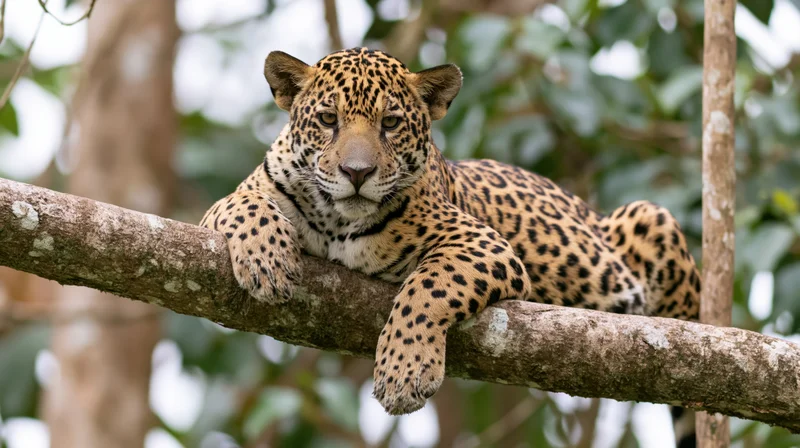 Jaguar resting on thick diagonal tree branch in rainforest canopy