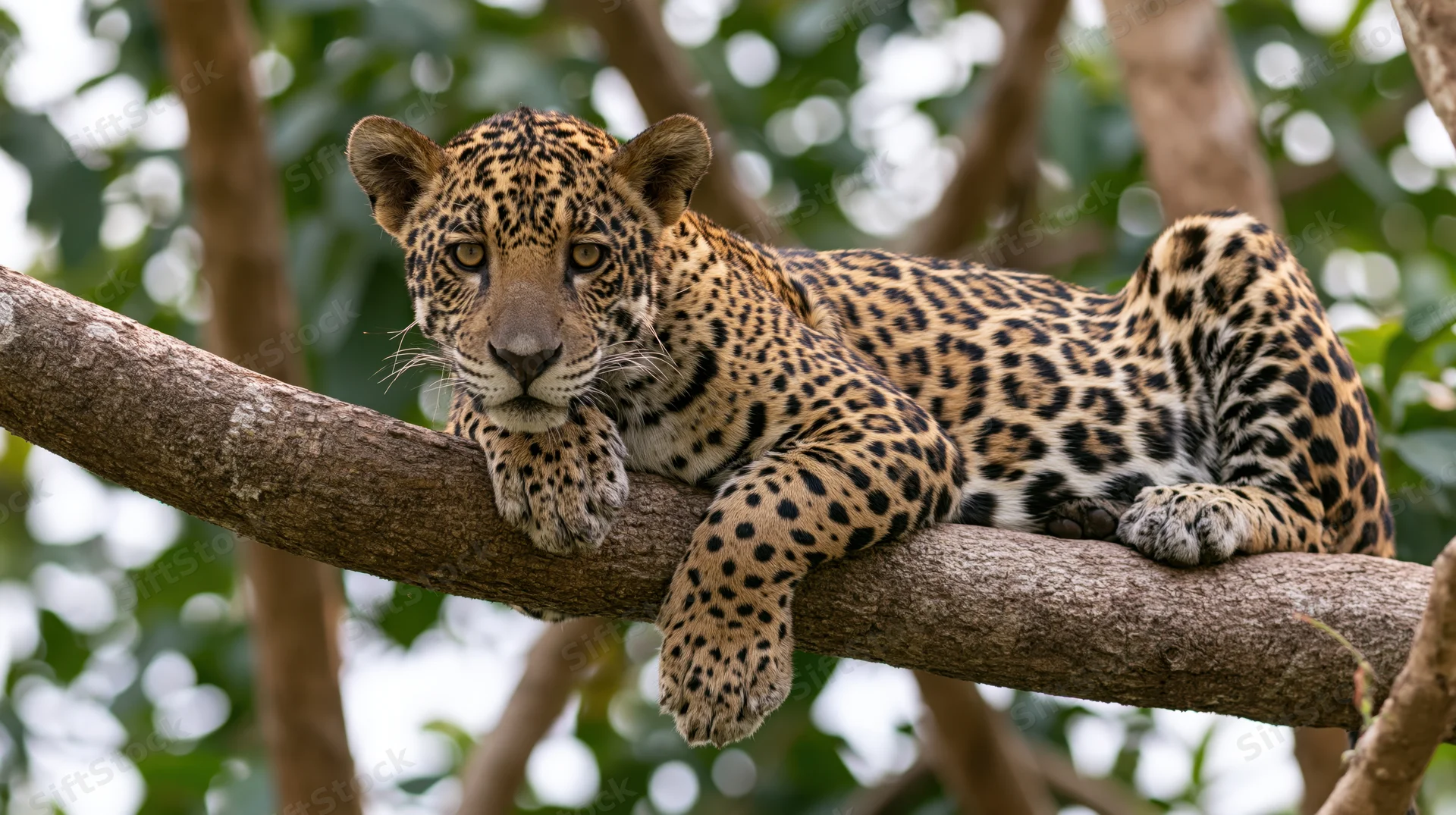 Young jaguar resting on thick diagonal tree branch in forest canopy
