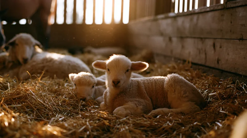 Young lambs resting on straw inside a wooden barn