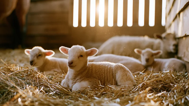 Young lambs resting on straw inside a wooden barn