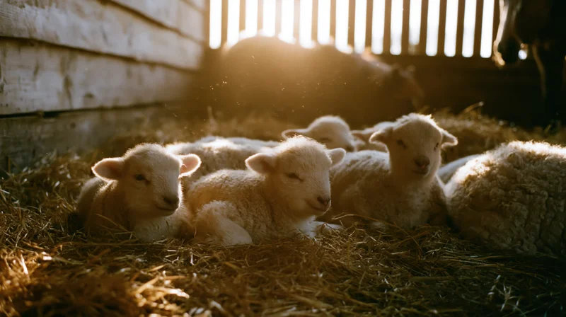 Young lambs resting on straw inside a wooden barn with sunlight streaming through slats