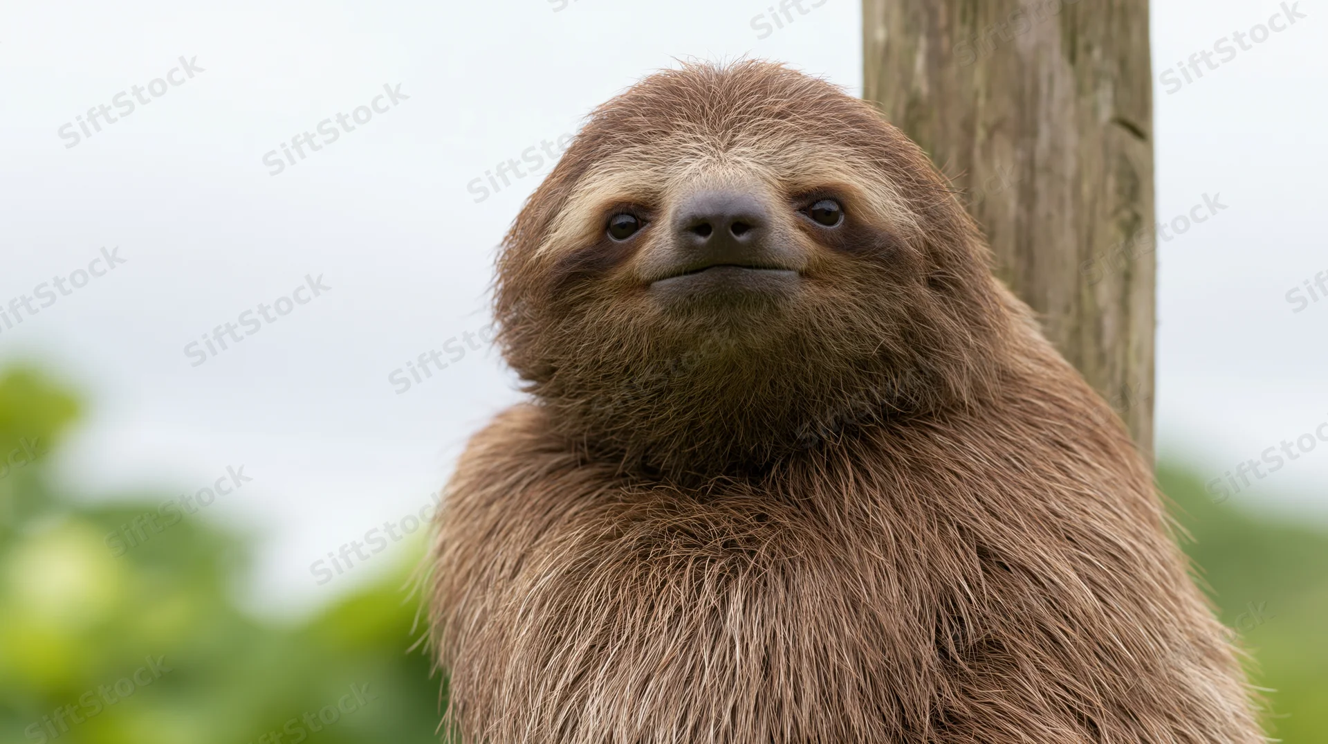 Young three-toed sloth clinging to a wooden post in a green outdoor setting