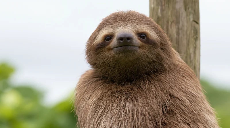 Young three-toed sloth clinging to a wooden post in a green outdoor setting
