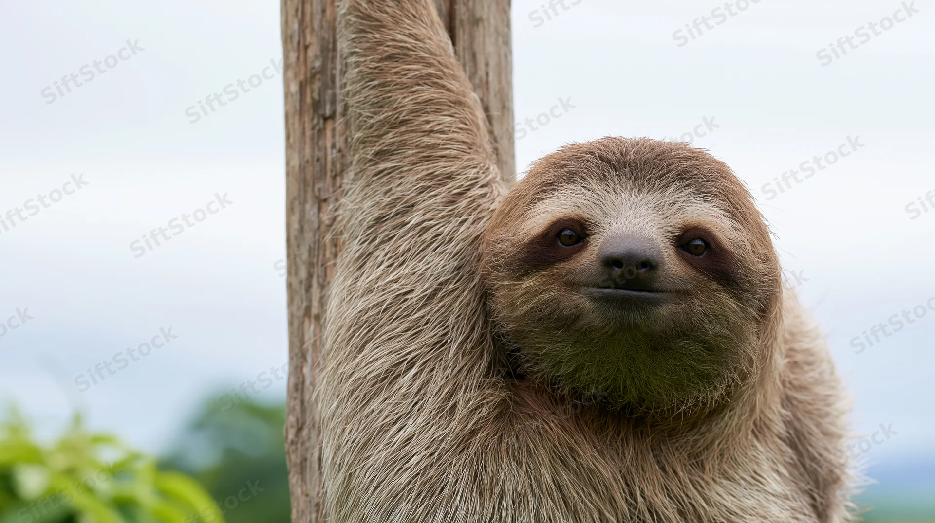 Young three-toed sloth clinging to wooden post with face turned toward camera in natural setting