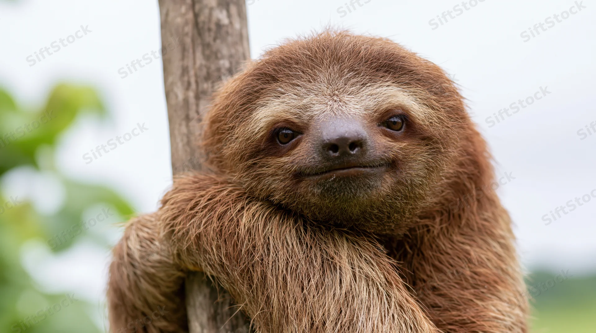 Young three-toed sloth clinging to wooden post with calm expression in natural habitat