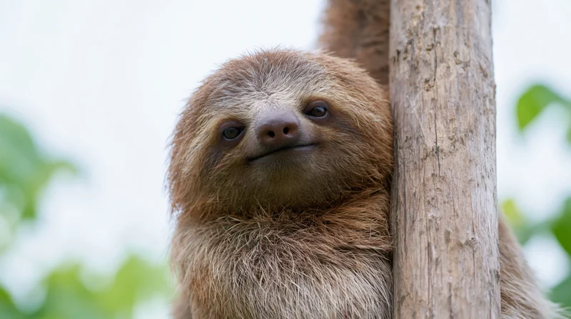 Young three-toed sloth clinging to a wooden post in a forest setting