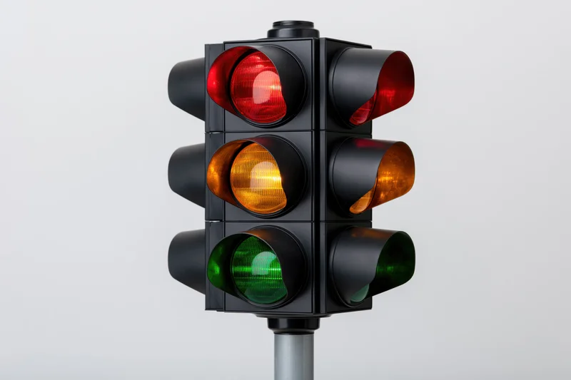 Black traffic light with all three signals illuminated on a pole against a plain background