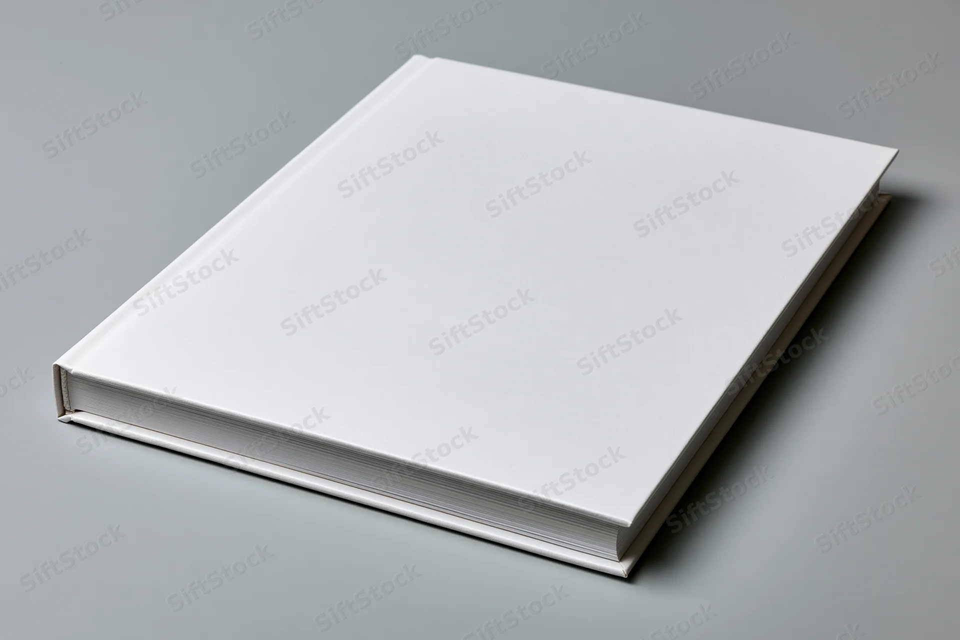 Blank white hardcover book lying flat on light grey matte surface