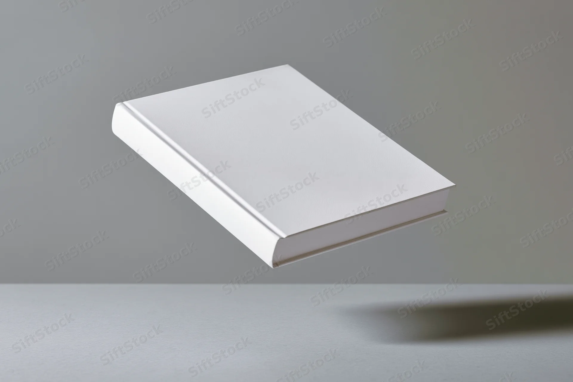 Blank white hardcover book floating above gray surface in studio setting