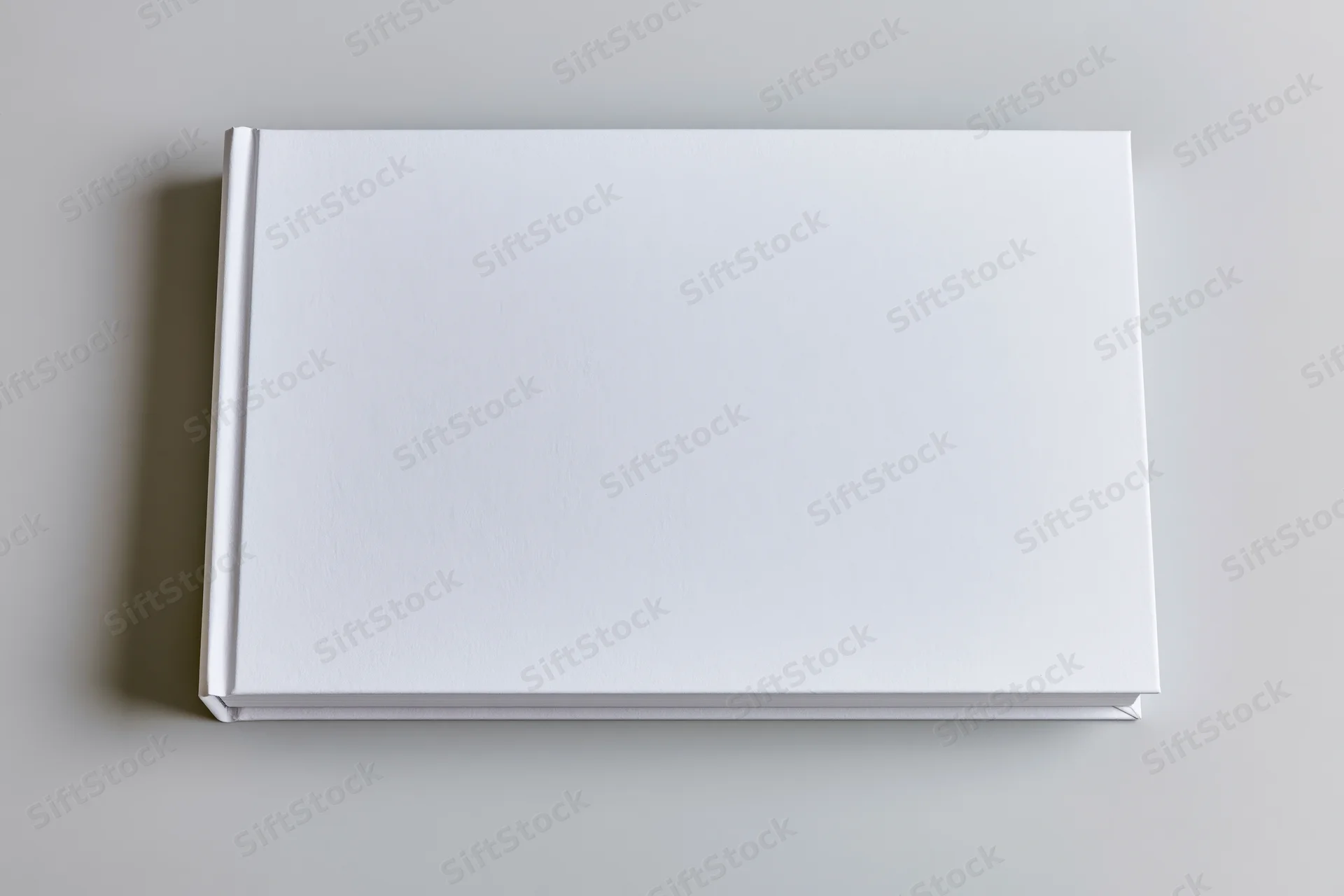Blank white hardcover book lying flat on a neutral surface