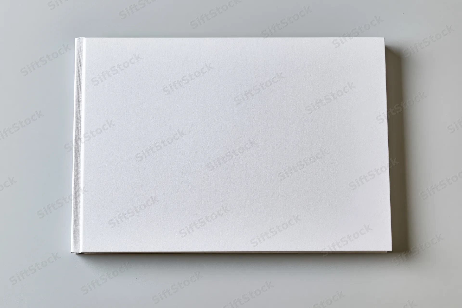 Blank white hardcover book lying flat on a plain surface