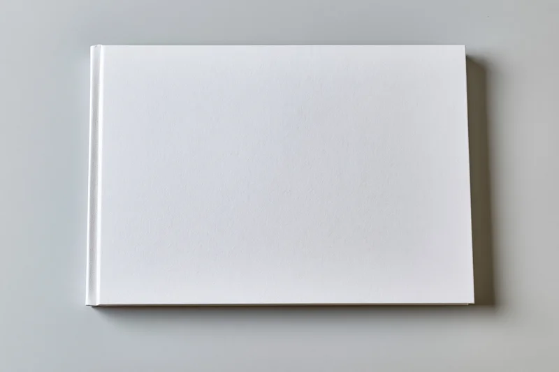 Blank white hardcover book lying flat on a plain surface