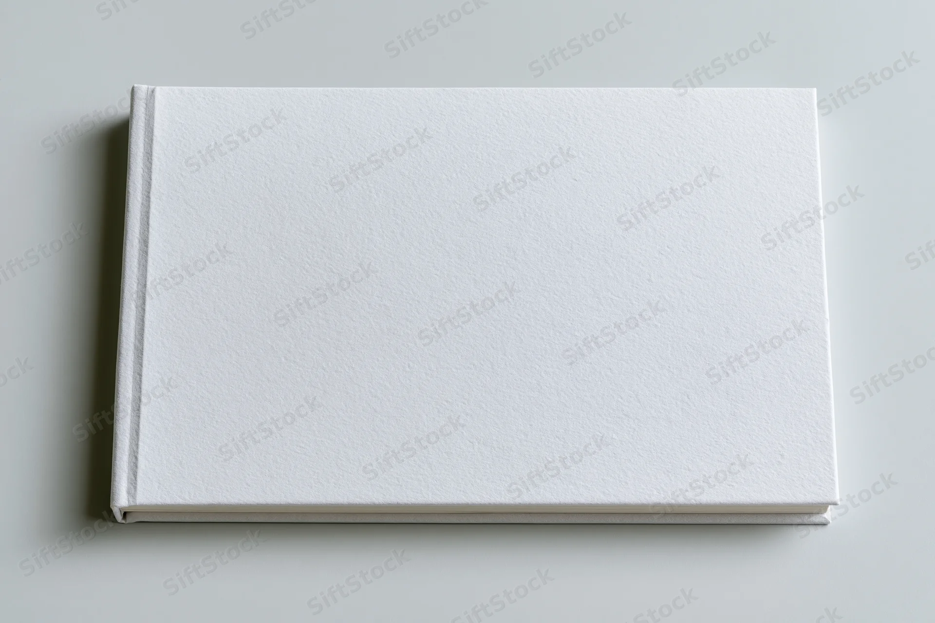Blank white hardcover book lying flat on a plain surface in landscape orientation