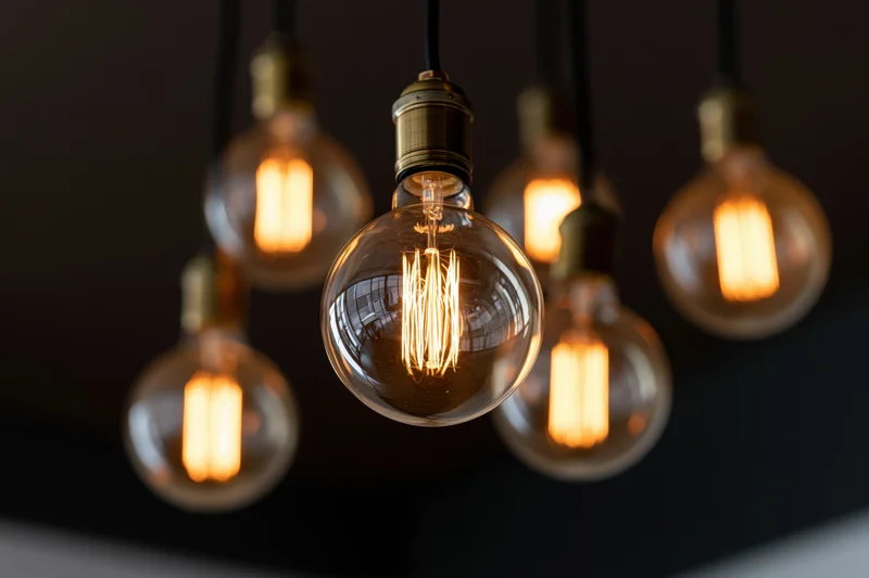 Vintage edison globe bulbs hanging in a cluster from black cords with warm glow against dark background