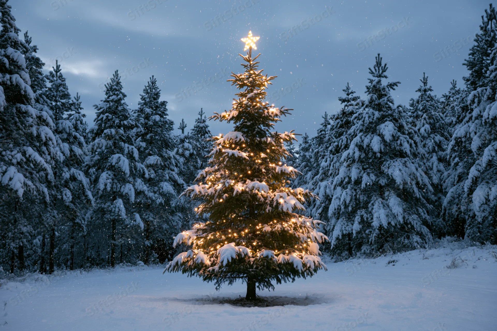 Decorated christmas tree with warm lights and star topper in snowy forest at twilight