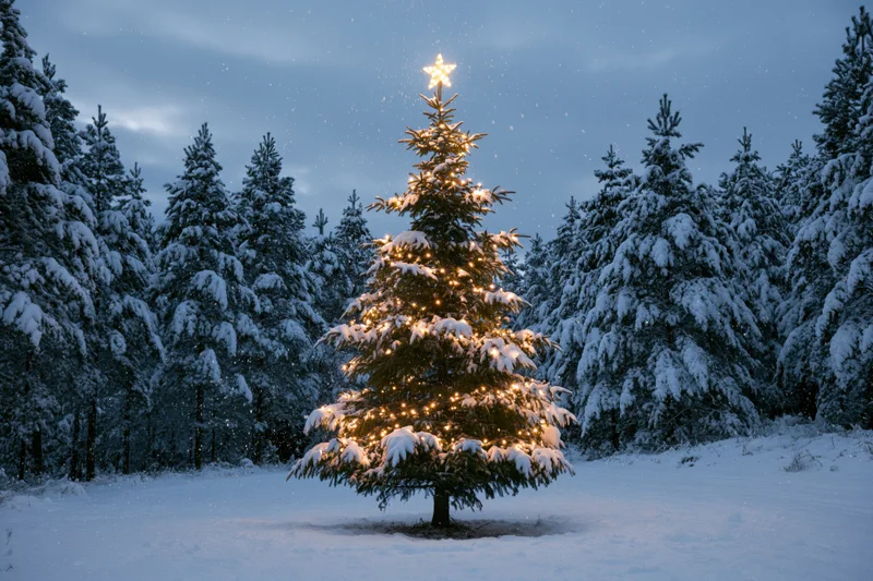 Decorated christmas tree with warm lights and star topper in snowy forest at twilight