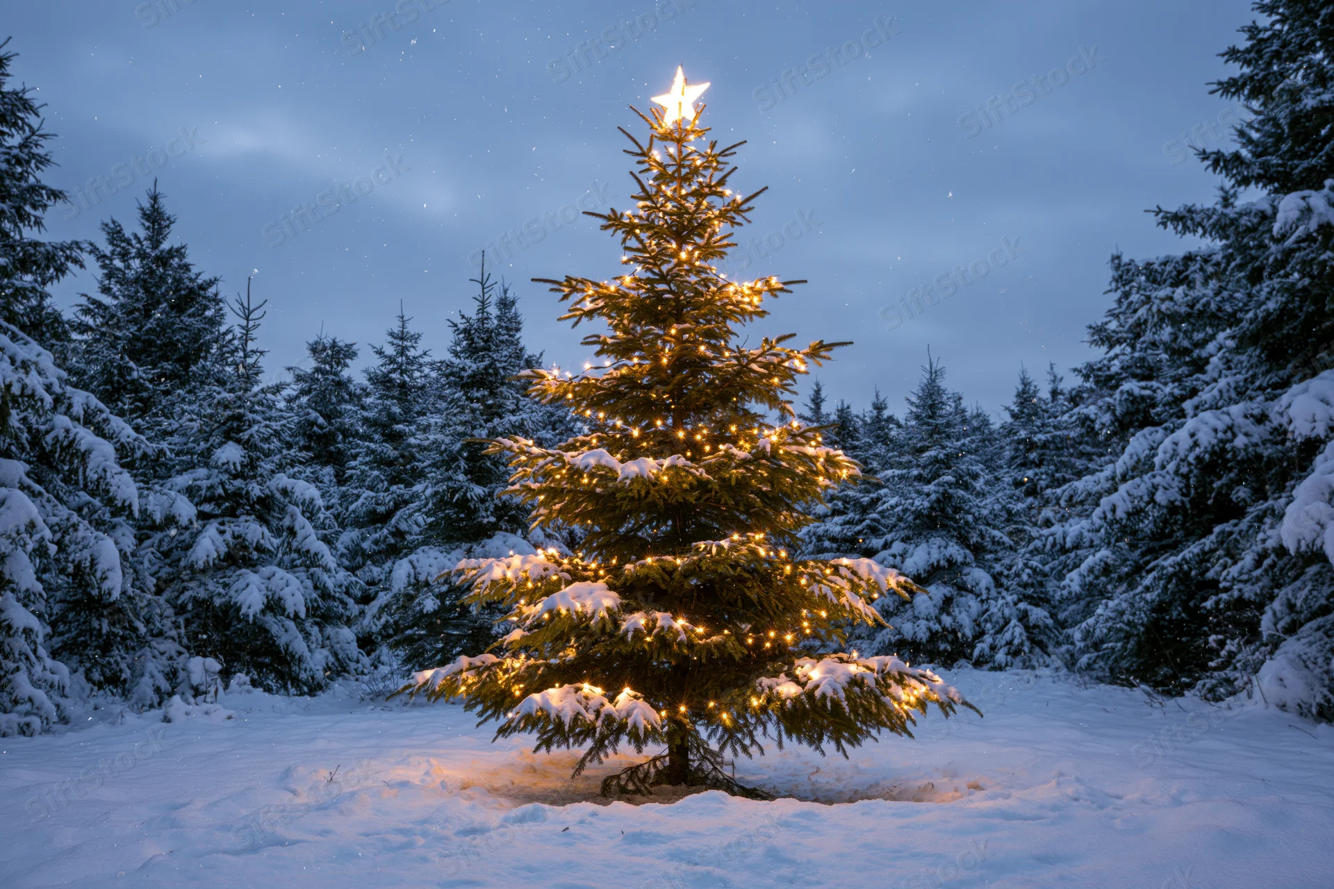Decorated christmas tree with warm lights and star topper in snowy forest at twilight