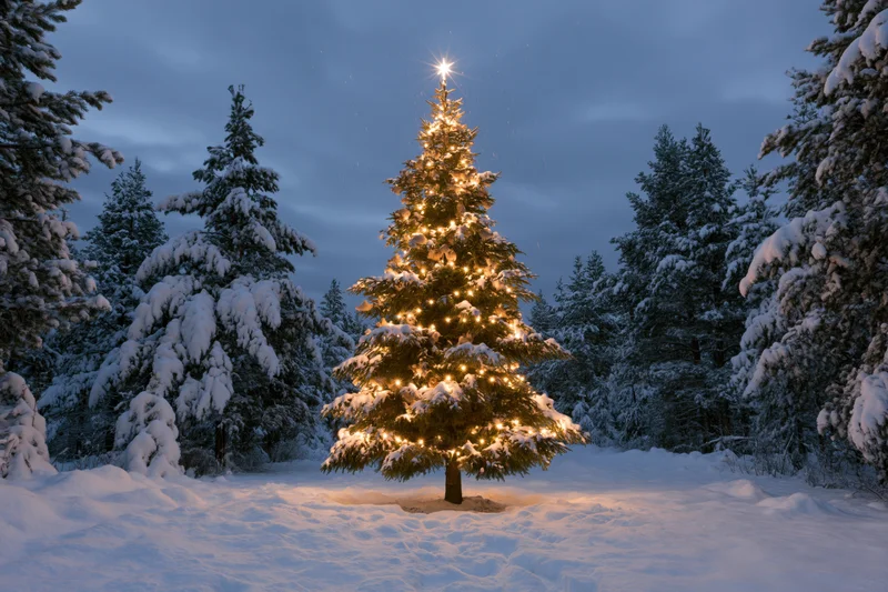 Decorated christmas tree with warm glowing lights in snowy forest at twilight