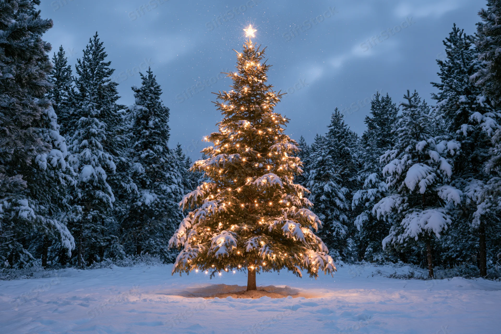 Decorated christmas tree with warm glowing lights in snowy forest at twilight