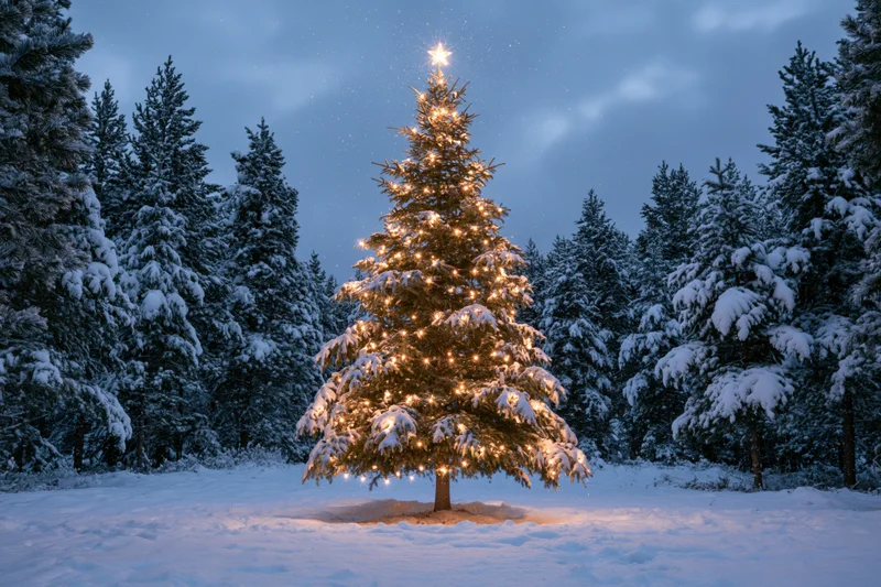 Decorated christmas tree with warm glowing lights in snowy forest at twilight