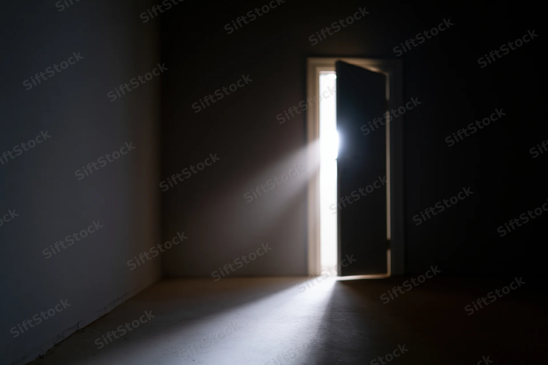 Slightly open door in dark empty room letting in bright sunlight