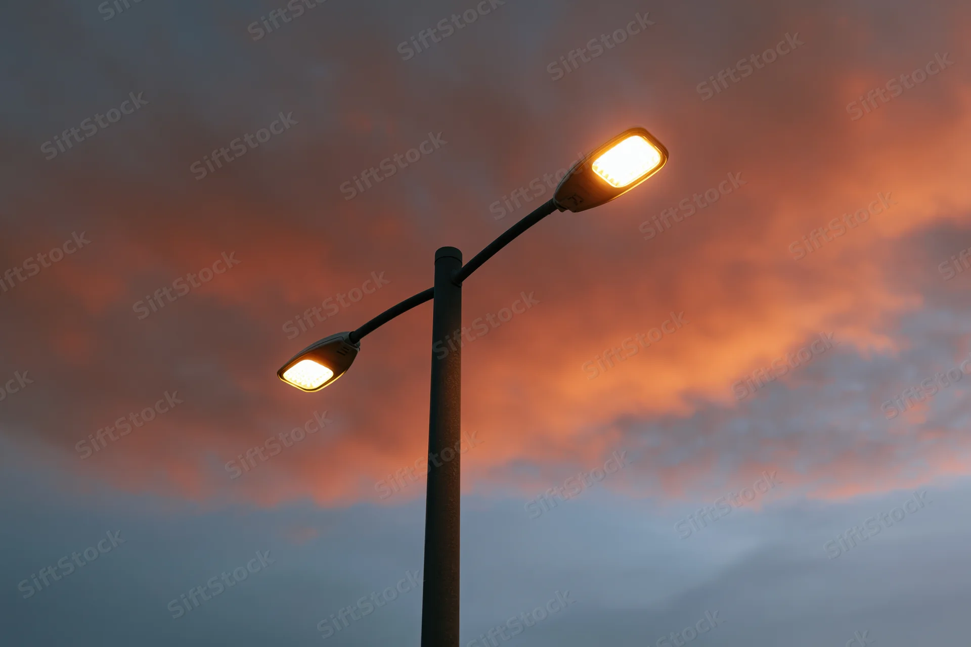 Dual-arm led street lamp pole with two lights illuminated against a twilight sky with orange and pink clouds