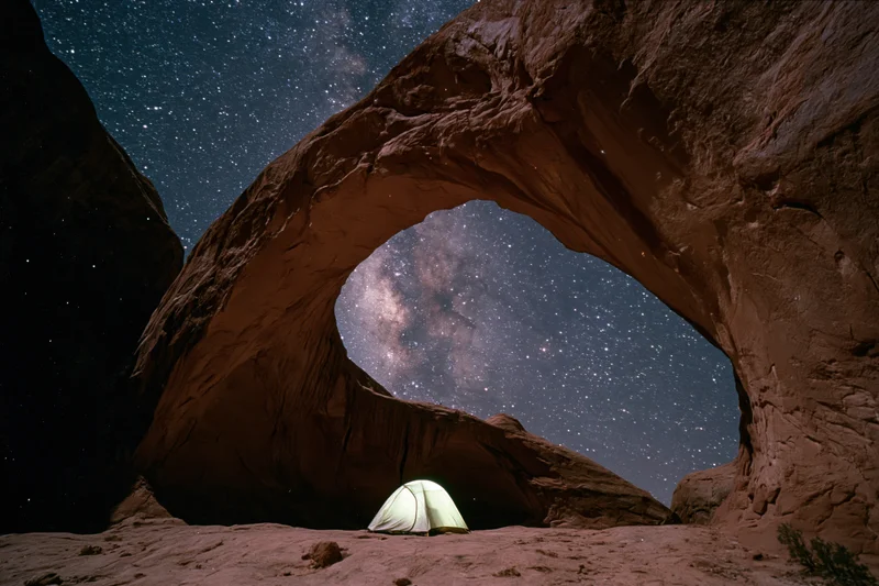 Glowing tent beneath massive sandstone arch under starry night sky in desert landscape