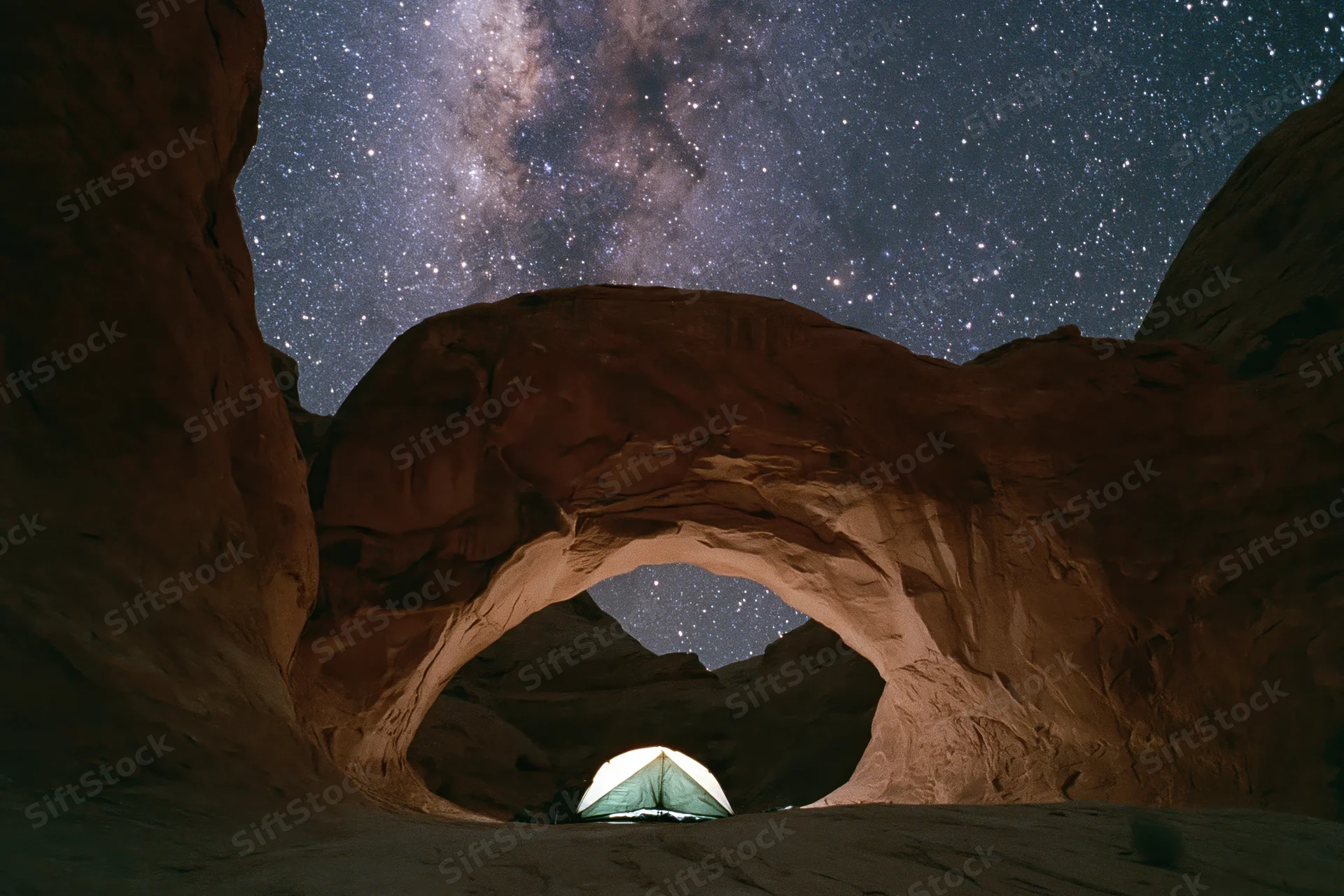 Glowing tent beneath massive sandstone arch in desert at night under starry sky