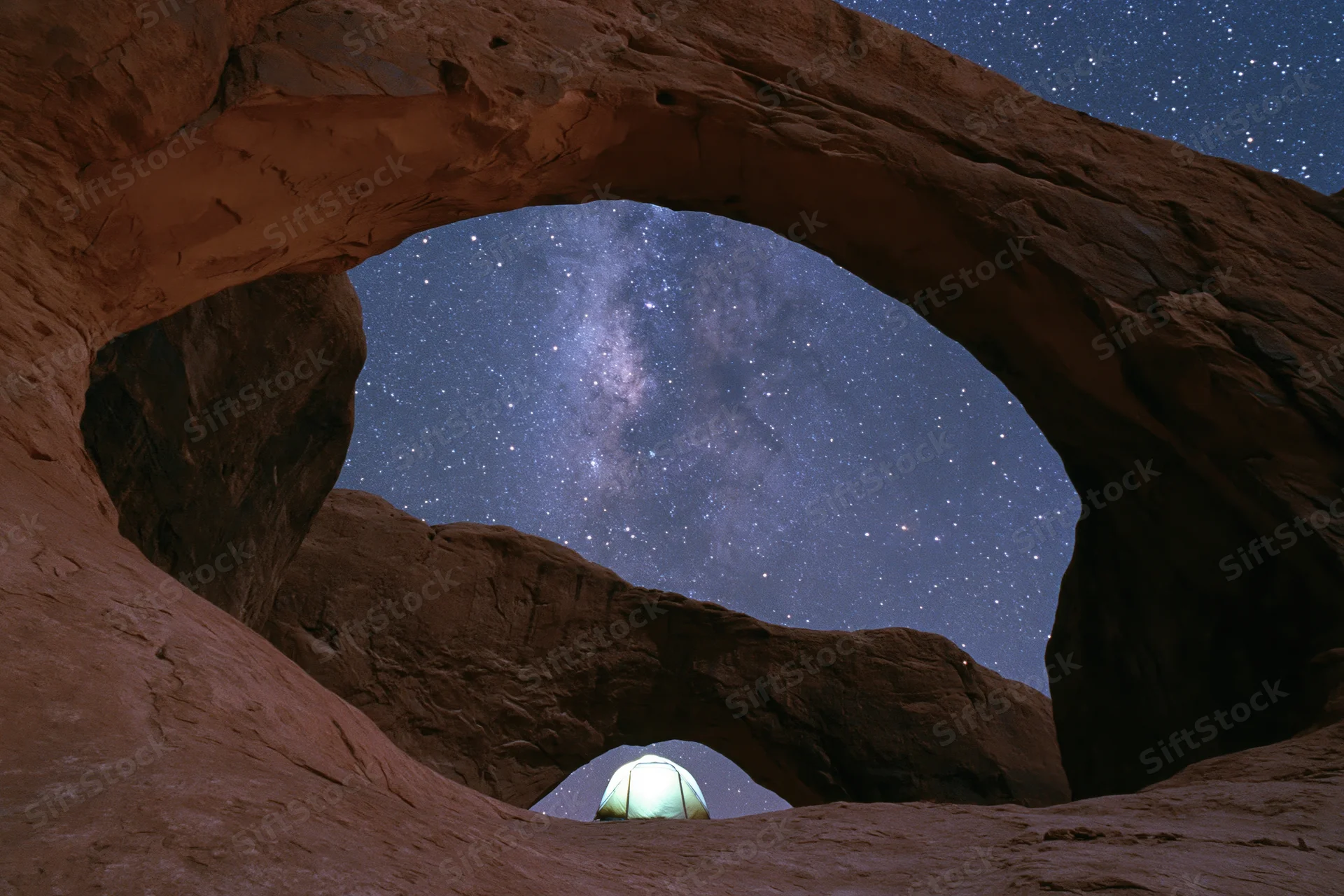 Glowing tent beneath massive sandstone arch under starry night sky in desert wilderness