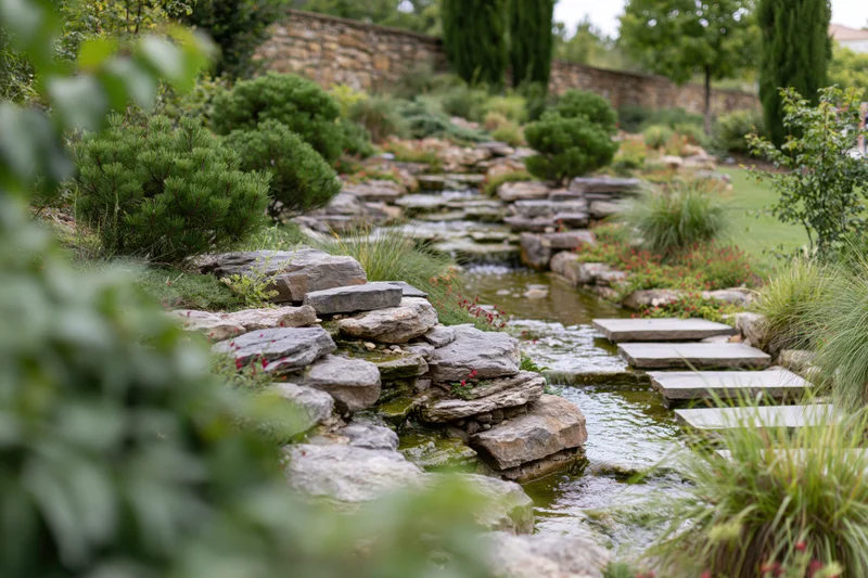 Natural stone stream winding through landscaped garden with stepping stones and greenery